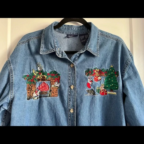 Vintage Christmas Embroidered Denim Button Down Shirt/Blouse L/XL - Picture 2 of 10